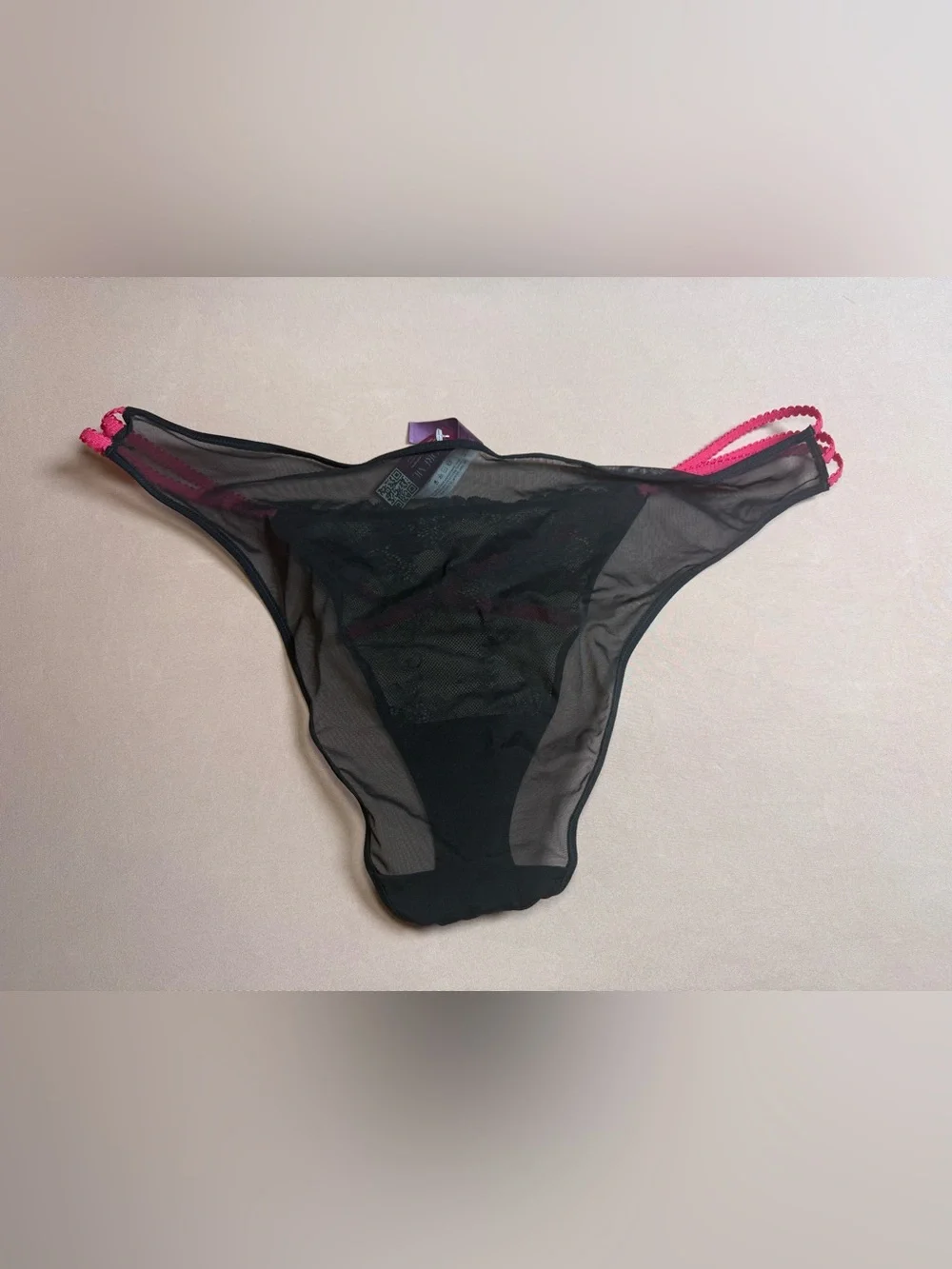 Adore Me Sheer Black Mesh Lace Panty Underwear Pink Strap Size XL NWT